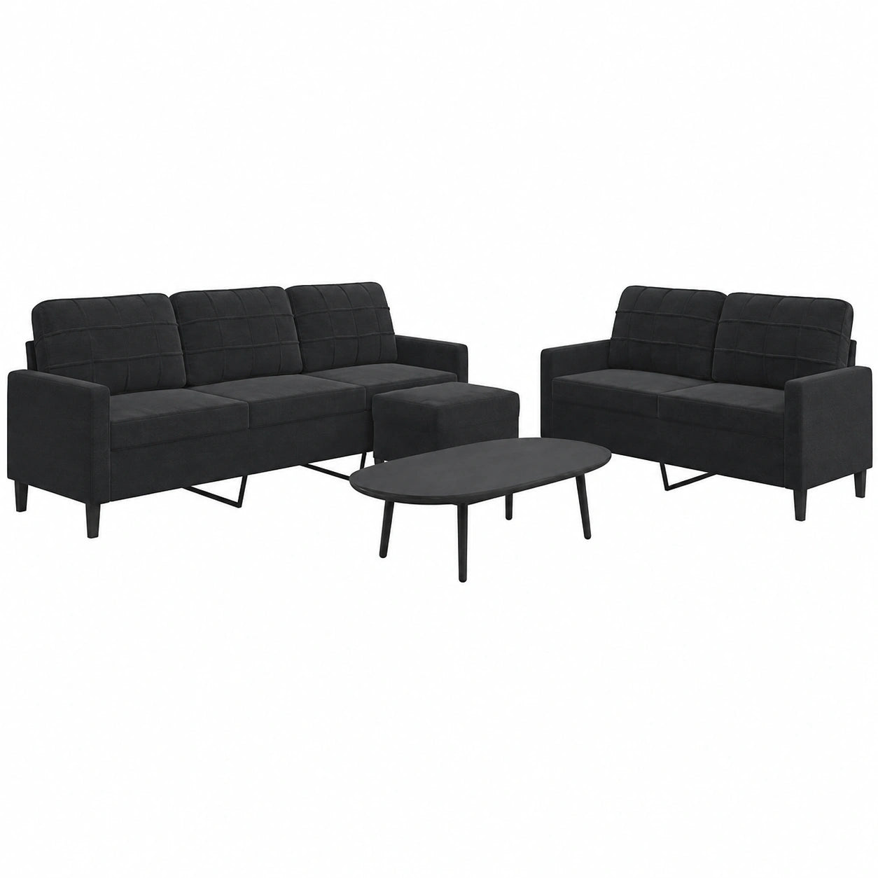 Conjunto de Sofás de Terciopelo Negro, Estructura Metálica, 2 y 3 Plazas, Comodidad en Sala