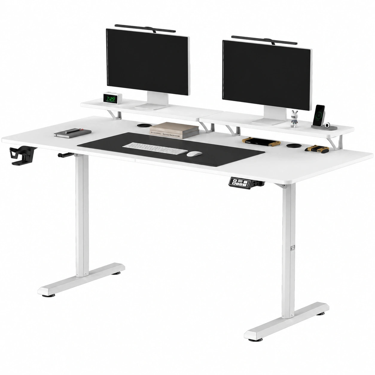 Ultradesk Highlander XXL - Mesa Gaming con Estructura de Acero - Para Dos Monitores - Almacenamiento Incorporado - 160x70 cm - Blanco