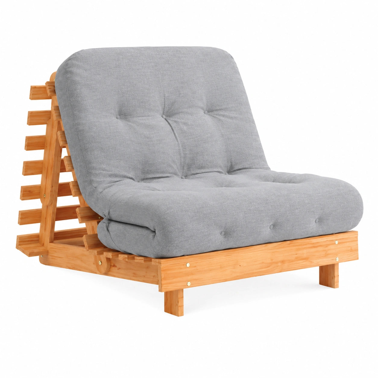 Futón sofá cama con colchón marrón en madera maciza, ideal para salón y habitación de invitados, cómodo y ahorrador de espacio