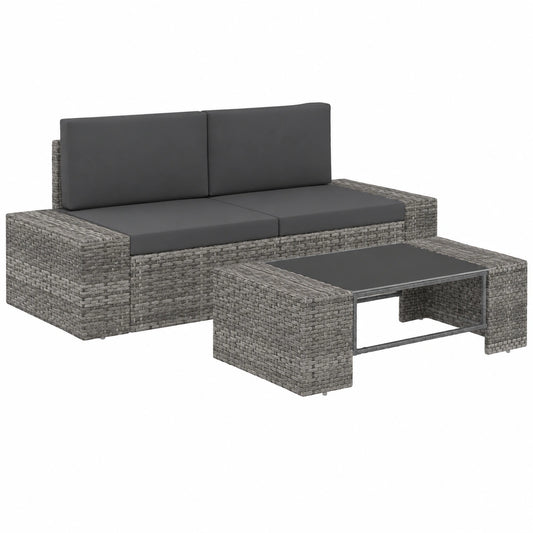 Conjunto de sofá modular de ratán gris para jardín con mesa de café, muebles de terraza para exteriores