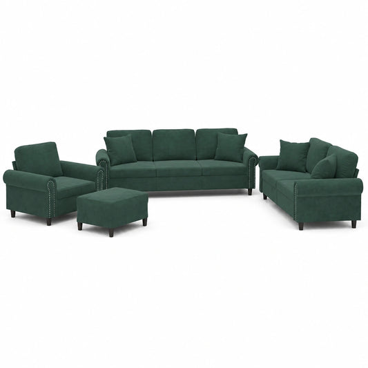 Conjunto de Sofás de Terciopelo Verde Oscuro con Cojines para Salón