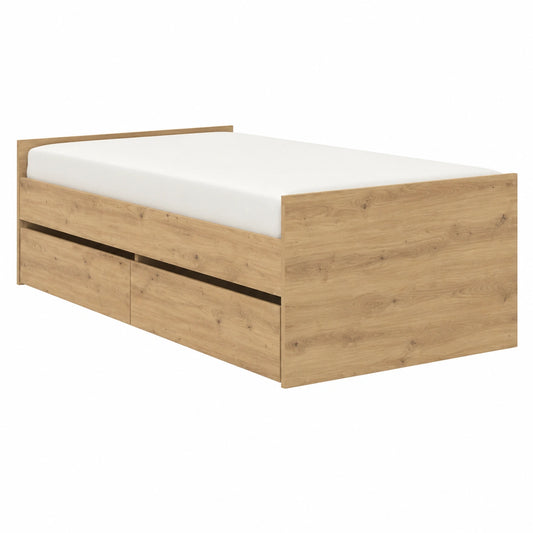 Cama Individual 90x190 cm con Cajón de Almacenaje, Roble Natural, Madera Maciza de Pino, Diseño Rústico