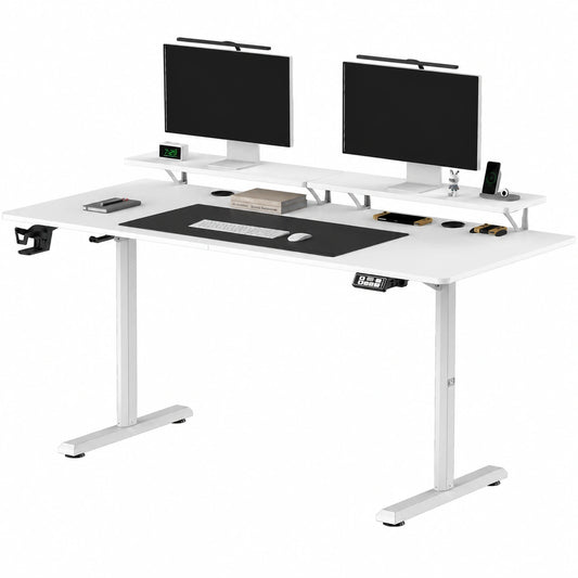 Ultradesk Highlander XXL - Mesa Gaming con Estructura de Acero - Para Dos Monitores - Almacenamiento Incorporado - 160x70 cm - Blanco