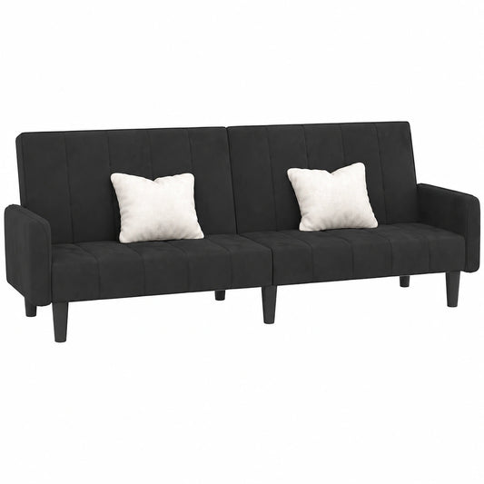 Sofá cama de terciopelo negro para espacios pequeños, con estructura de madera robusta